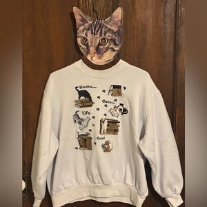Bon Worth White Cat and Book Themed Crewneck Sweatshirt